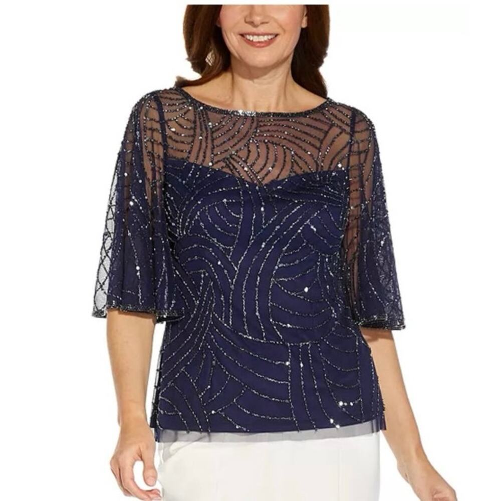Adrianna Papell Navy Blue Beaded Mesh Overlay Sheer Flutter Sleeve Top Size 10